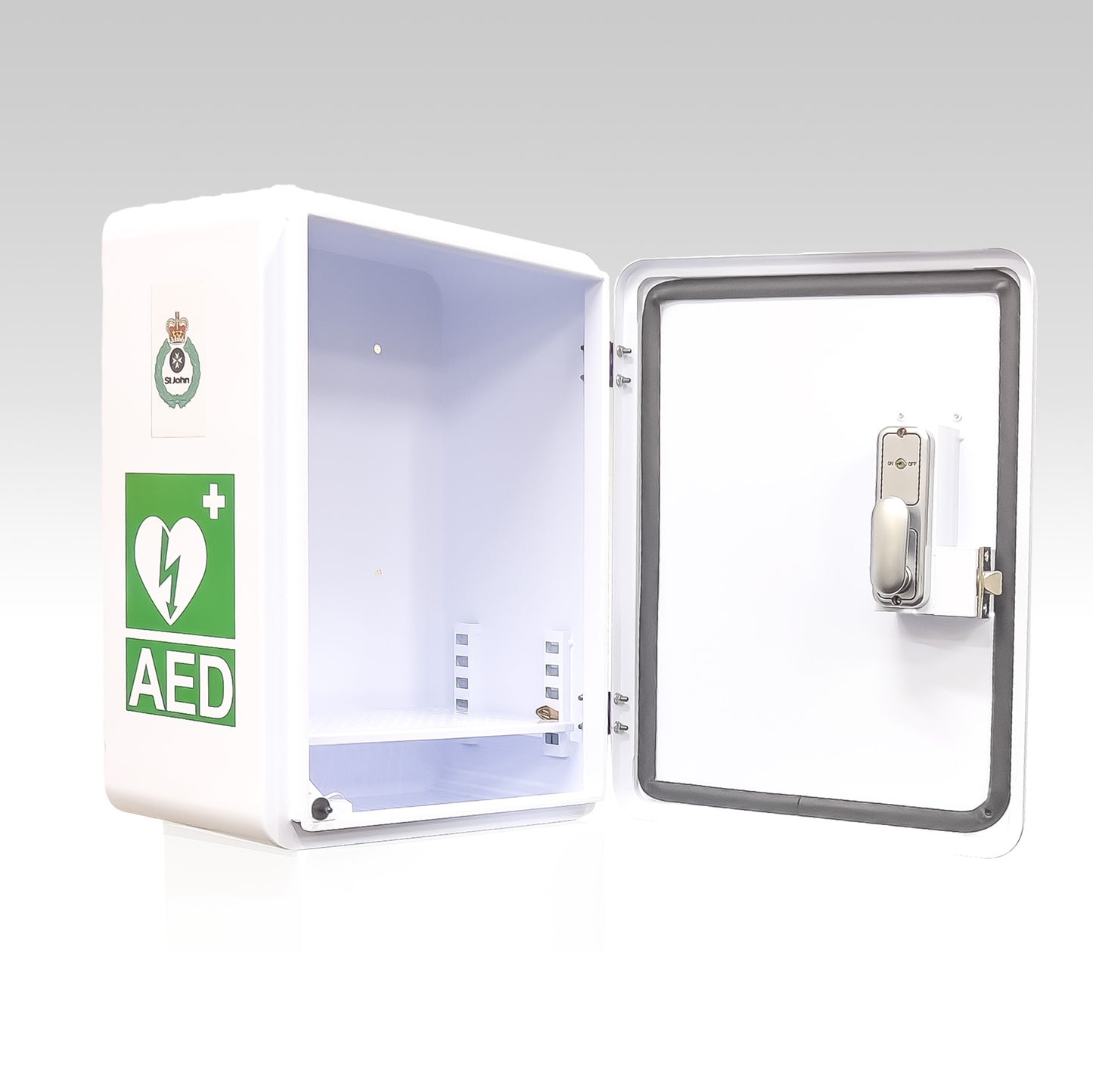 AED OUTDOOR CABINET WHITE W' KEYPAD LOCK & ALARM no window