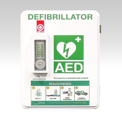 AED OUTDOOR CABINET WHITE W' KEYPAD LOCK & ALARM no window