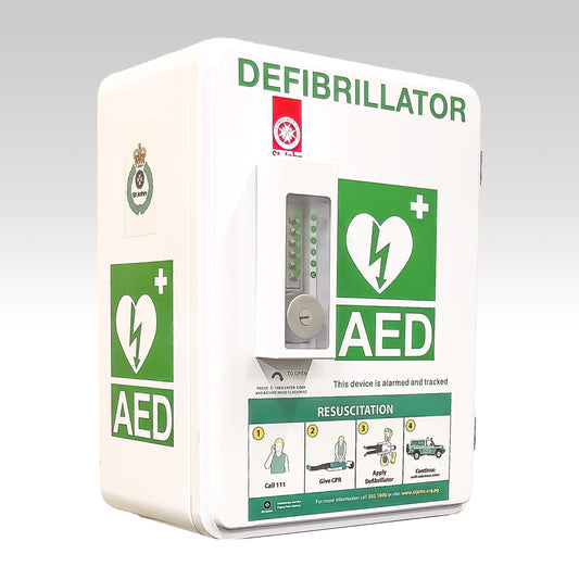AED OUTDOOR CABINET WHITE W' KEYPAD LOCK & ALARM no window