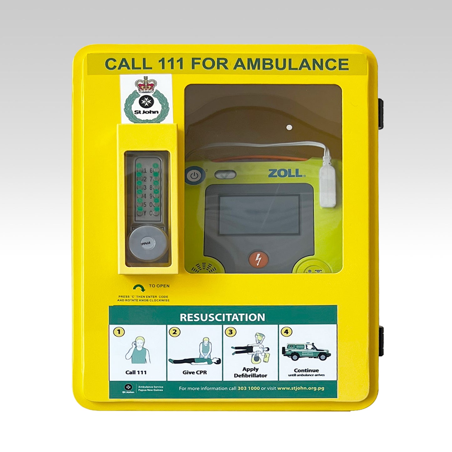 AED OUTDOOR CABINET WITH KEY PAD LOCK AND STAND YELLOW (353830)