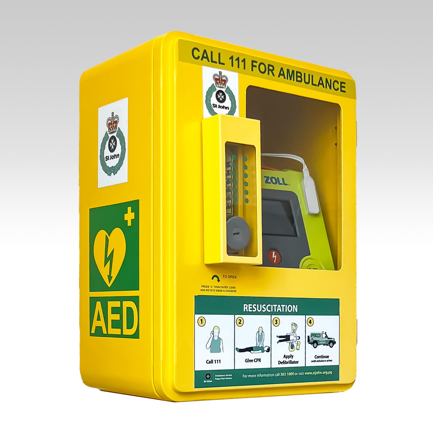 AED OUTDOOR CABINET WITH KEY PAD LOCK AND STAND YELLOW (353830)